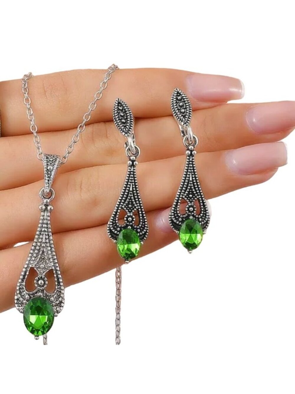 Green Glass Necklace Pendant Earrings Art Nouveau Deco Style Set